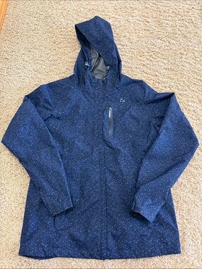 EUC Paradox Fill Zip Hooded Navy Patterned Hip-Length Rain Jacket, Womens M